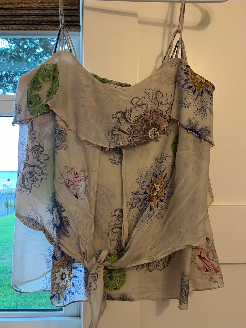 Anthropologie Light Gray Printed Tie-Front Tank